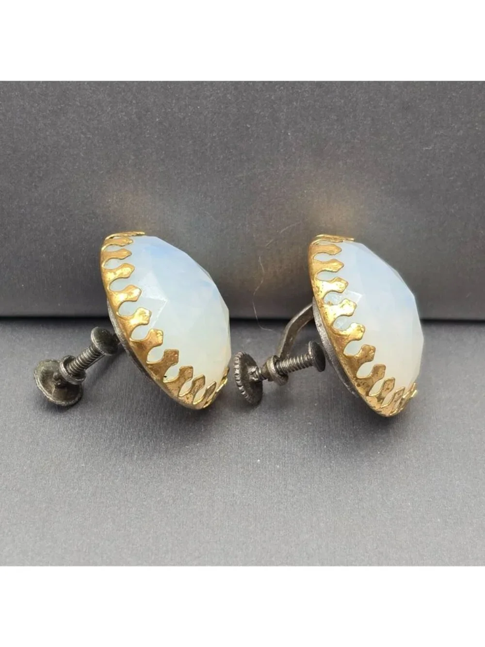 Vintage Moonstone Earrings Ornate Flame Prong Set Gold Tone Upcycled Jewelry